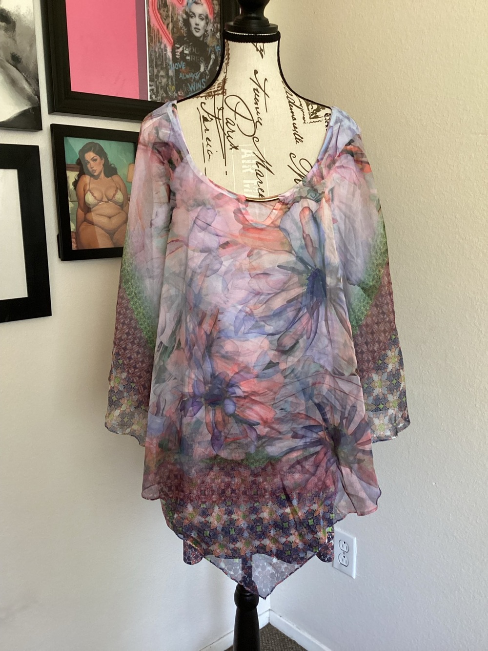 Cato Sheer Floral Tunic Top (2pc) in Lavender, Pink and Green 26/28W